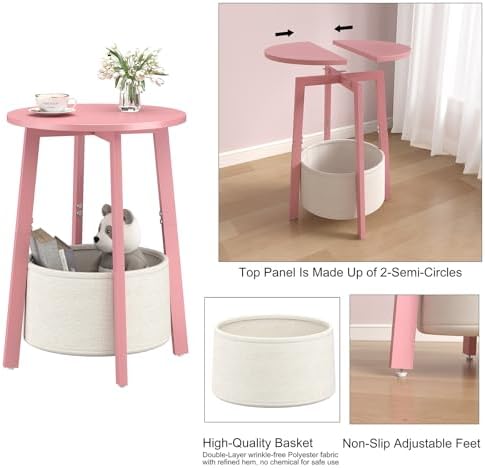 sthmec Small Round Side End Table with Cloth Storage Basket, Round Bedside Sofa Couch Coffee Tables for Small Places with Metal Frame, Modern Nighstands for Living Room Bedroom, Pink - Image 7