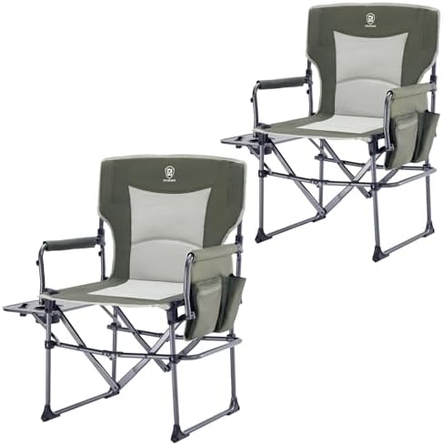 EVER ADVANCED Camping Directors' Chair with Side Table, Portable Folding Chair with Compact Size, Heavy Duty with Pocket for Camping, Lawn, Sports and Fishing, 400lbs, Green 2 Pack by EVERADVANCED