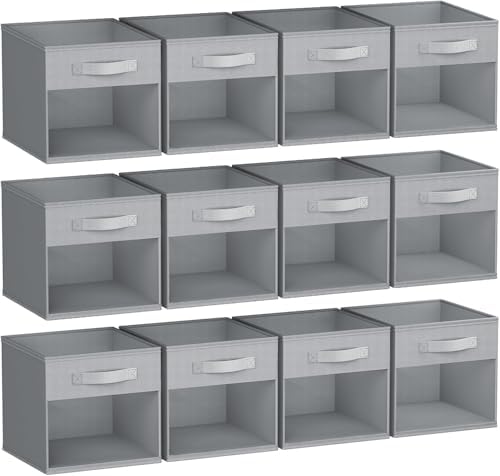 DIMJ Storage Cubes, Cube Oganizer Bin, 12 Pack Foldable Containers with Window, Closet Storage Bins with Handle, 12x 12 inch Storage Boxs for Clothes, Toys, Books (Grey) by DiMJ