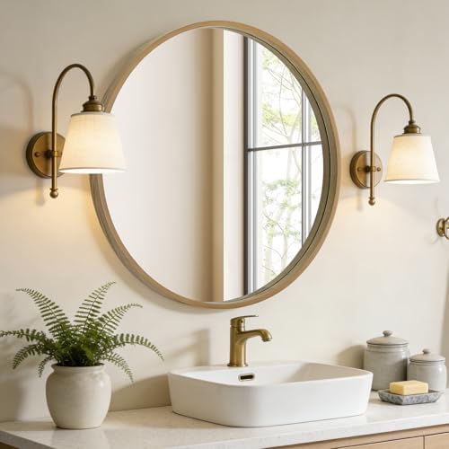 WallBeyond Round Wood Mirror, 32" Round Modern Decoration Large Circle Wall Mirror for Bathroom Living Room Bedroom Entryway, Natural - Image 2