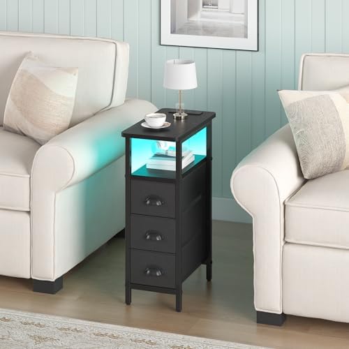 sthmec End Table with Charging Station,LED Side Tables with USB Ports and Outlets,Skinny Bedside Tables with 3 Drawers,Small Tabls Nightstands for Small Space,Slim Sofa Table for Livingroom,Black - Image 2