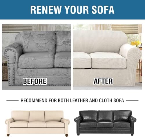 H.VERSAILTEX 4 Piece Stretch Sofa Covers for 3 Cushion Couch Covers for Living Room Furniture Slipcovers (Base Cover Plus 3 Seat Cushion Covers) Thicker Jacquard Fabric (Large Sofa, Ivory) - Image 7