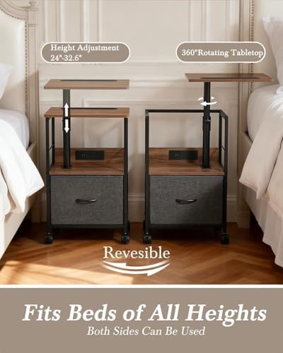 Faesun Swivel Lift Top Nightstand with Charging Station, Rolling Side Table for Recliner, Bedside Table with Wheels & a Fabric Drawer, for Small Spaces, for Bedroom, Living Room, Walnut Gray - Image 3
