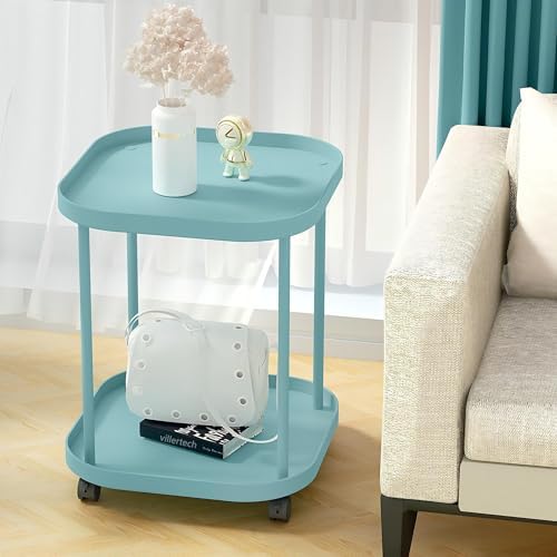 Side Table with Wheels, 2-Tier End Table Small Night Stand - Image 2