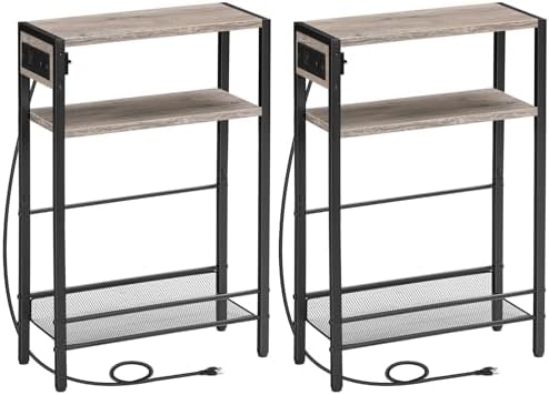 HOOBRO Small Narrow Side Table with Charging Station Set of 2, Skinny End Table for Small Spaces, Slim Nightstand with USB Ports Outlet, Sofa Beside Table with Storage Shelf BG102UBZP201 by HOOBRO