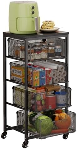 4-Tier Fruit Vegetable Storage Cart - Kitchen Organizer and Storage Cart with Wheels, Wooden Top Metal Wire Fruit Vegetable Rack Stand with Drawers to Storage Cans Snacks for Kitchen(Patent Pending) by FollowWithYociyogaTogether