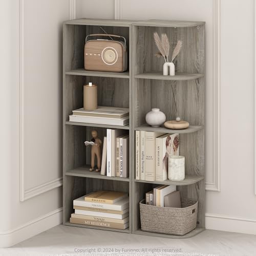 Furinno Reed Corner Shelf, 4-Tier Corner Bookshelf, Book Shelf, Corner Shelves, Storage Rack, for Organization and Storage, Home Office, Living Room, French Oak - Image 2
