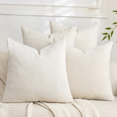 Set of 4 Soft Textured Decorative Throw Pillow Covers 16x16 Inch Cozy Farmhouse Cushion Cover Square Accent Pillow Cases for Bed Couch Sofa Living Room, Cream White by Cozoomy