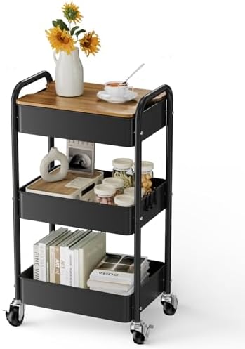 3-Tier Rolling Cart with Table Top, Metal Utility Cart on Wheels by Johgee