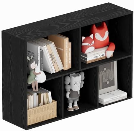 Book Shelf, Wooden Cube Storage Organizer with 11" Open Cubes, Stackable Modular Bookcase for Room Divider Storage, 2 Tier Bookshelf for Living Room, Bedroom, Office (Black, 5-Cube) by Nestwise