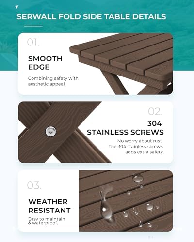 SERWALL Small Folding Side Table, HDPE Outdoor End Table, Coffee - Image 7