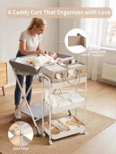 Fortella Baby Diaper Caddy, 3 Tier Rolling Cart for Baby Essentials, Taupe - Image 5