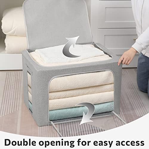 FHSQX 2 Pack Clear Window Storage Bins - Large Stackable Linen Fabric Storage for Clothes Foldable Container Organizer Set with Carrying Handles (Light Gray, 23.6x 16.5x 15.7 Inch) - Image 2
