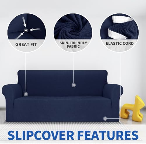 MAXIJIN Loveseat Cover Sofa Covers (55"-69"), 1-Piece Stretch Couch Covers for 2 Cushion Couch Love Seat Slipcover with Elastic Bottom for Kids,Dog (Loveseat, Diamond Pattern Navy Blue) - Image 3