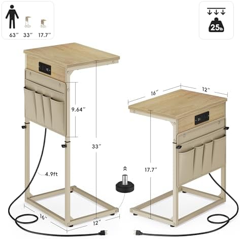 Vagusicc C-Shaped End Table with Charging Station, Small Side Table for Couch, 33" Tall C Table Adjustable Height Side Table, Couch Tables that Slide Under, Sofa Table TV Tray for Living Room, Natural - Image 3