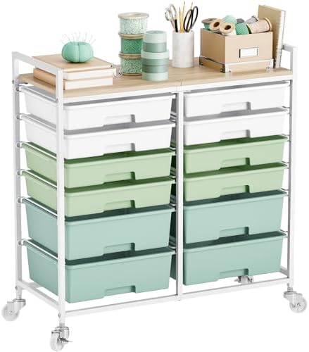 TOOLF 12 Drawers Rolling Storage Cart with Wooden Top for Classroom,Green by TOOLF