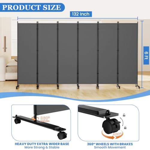 SUNALLY Room Divider Privacy Screens, 6 Panels Dividers with Wheels, Grey - Image 2