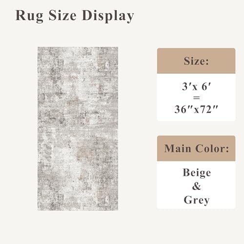 3x6 Washable Non-Slip Kitchen Runner Rug with Rubber Backing Modern Abstract Stain Resistant Floor Carpet Runner for Hallway, Entryway, Bedroom, Living Room - Beige/Grey/Brown - Image 2