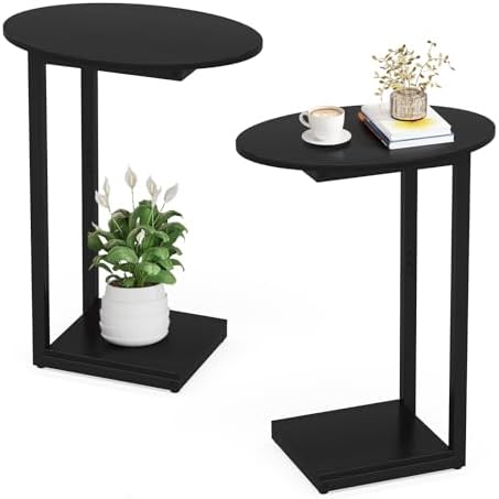 Hosfais Small Side Table End Table, C-Shaped Wood Coffee Table TV Tray for Eating Couch Tables for Small Space, Living Room, Bedroom, Couch (Black 2 Pack) by HosfaisHome