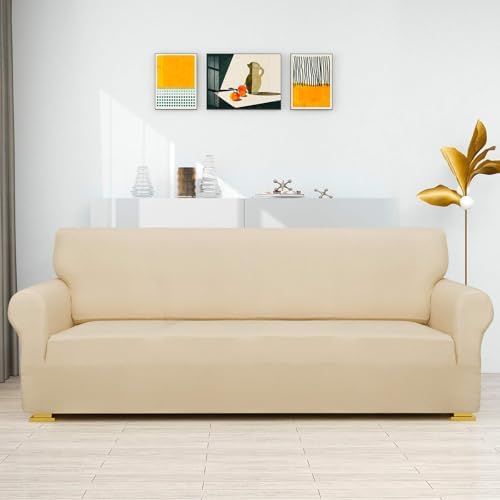 ZNSAYOTX Couch Covers for 3 Cushion Couch High Stretchy Spandex Pet Friendly Sofa Slipcover 1 Piece Non Slip Couch Covers Large Furniture Protector (Beige Yellow, Sofa) - Image 2