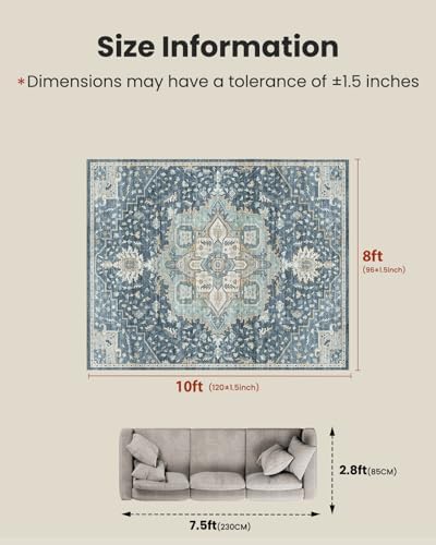 AMADA HOMEFURNISHING Washable Area Rug, Low-Profile Large Area Rug with Non-Slip Backing & Durable Edge Binding, Vintage Large Rugs for Living Room, Bedroom, Dinning Room (8x10, Blue/Yellow) - Image 2