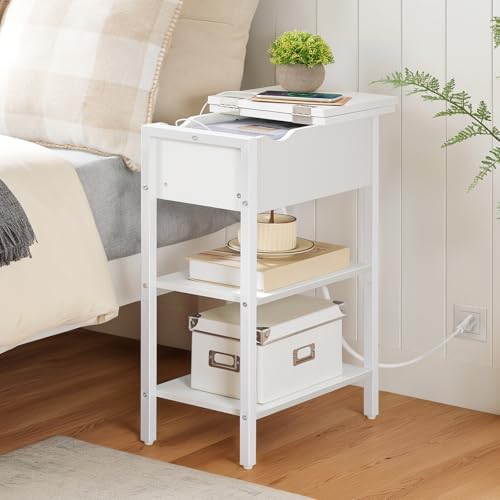 HOOBRO End Table with Charging Station, Narrow Side Table, Flip Top Nightstand with USB Ports and Outlets, Bedside Tables with Shelf for Small Spaces, Living Room, White WT341BZ01 - Image 6