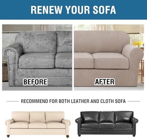 H.VERSAILTEX 4 Piece Stretch Sofa Covers for 3 Cushion Couch Covers for Living Room Furniture Slipcovers (Base Cover Plus 3 Seat Cushion Covers) Thicker Jacquard Fabric (Large Sofa, Sand) - Image 7