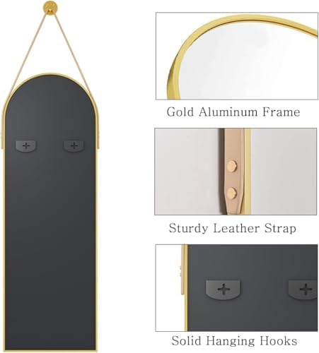 16"x48" Hanging Mirror with Leather Strap,Arched Full Length Mirror with Aluminum Frame Wall-Mounted Hanging Mirrors for Bathroom Vanity Living Room Bedroom Entryway Décor, Gold - Image 6