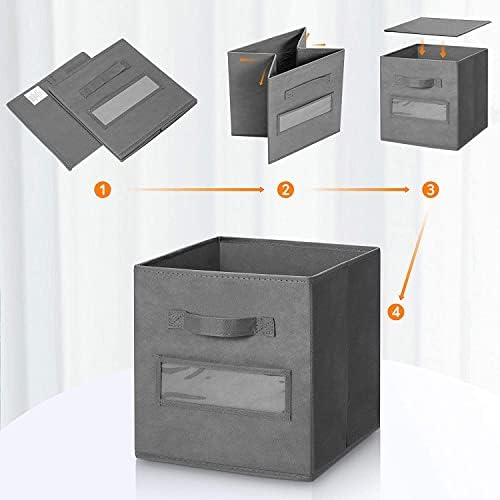 13x13x13 storage cube bins(Set of 8) Fabric storage cubes with 8 Labels Window Cards & a Pen, storage cubes 13x13, Collapsible 13 inch cube storage bins, Cubby Organizer Boxes, Gray - Image 4