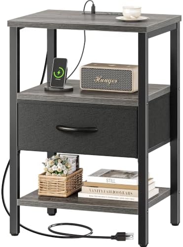 SUPERJARE Nightstand with Charging Station, Bed Side Table with Adjustable Fabric Drawer, Night Stand for Bedroom, 3-Tier Storage End Table, for Living Room, Charcoal Gray by SUPERJARE