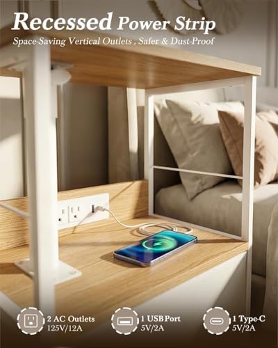 Faesun Swivel Lift Top Nightstand with Charging Station, Rolling Side Table for Recliner, Bedside Table with Wheels & a Fabric Drawer, for Small Spaces, for Bedroom, Living Room, Oak White - Image 4