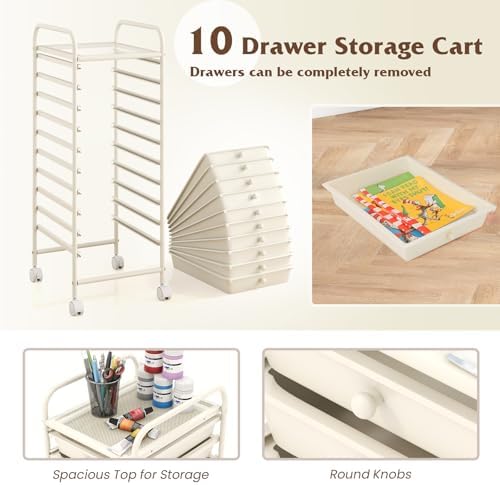 10-Drawer Rolling Storage Cart, Trolley w/Lockable 360° Wheels, 10 Removable PP Drawers, Sturdy Metal Frame, Rolling Utility Cart Perfect for Home, Office, Classroom (Ivory) - Image 4