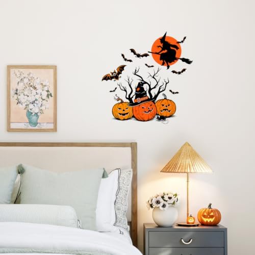 Halloween Pumpkin Witch Wall Decals Peel and Stick, Witch Jack O Lantern Wall Stickers, Removable Vinyl Spooky Wall Decor, Halloween Wall Art for Bedroom Living Room Window Decorations - Image 5