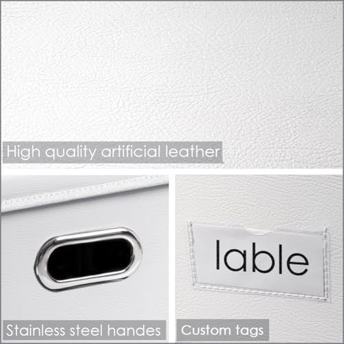 PRANDOM Collapsible Storage Box with Lid [3-Pack] Leather Fabric Foldable Storage Bin Organizer Container Basket Cube with Cover for Home Bedroom Closet Office Nursery White(13.6x9.6x6.9) - Image 3