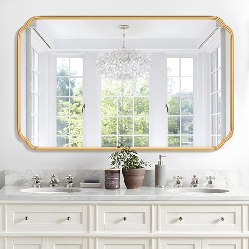 Ferytange 30"x48" Gold Bathroom Mirror for Wall, Large Brass Gold Bathroom Vanity Mirror for Over Sink, Rounded Rectangle Mirror in Premium Iron Metal Frame Hangs Horizontal Or Vertical by FerytangeHome