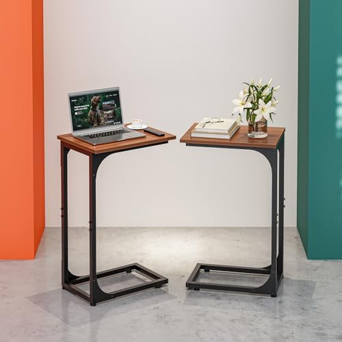 C-Shaped Side Table for Couch - Small Coffee Stand Sofa Tray Desk with Metal Frame and Waterproof Scratch Resistant, Modern End Accent for Living Room, Bedroom, Set of 2, Rustic Walnut by RISWER