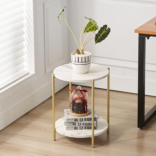 Gawicpy 2 Tier Round Side Table, Folding End Tables Coffee Table Simplistic Sofa Table Waterproof Removable Tray Table Indoor Outdoor Accent Table for Living Room Bedroom (Faux Marble White, 2pcs) - Image 2