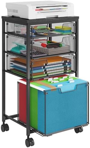 Sbanmao Rolling File Cart with 4 Storage Drawers, Mobile File Cabinet with Wheels, Hanging File Organizer, Under Desk Printer Stand Utility Cart Filing Cabinet for Home Office, Black by shengbaomaoyi