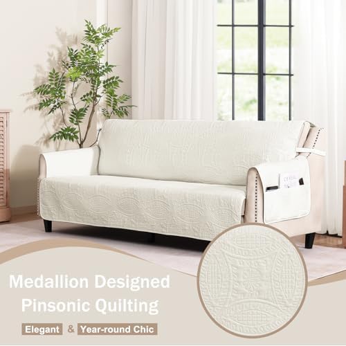 Quilted Sofa Slipcovers with Pockets, Anti-Slip Medallion Designed Couch Covers for 3 Cushion Sofa, Couch Cover for Dogs Cats Water-Repellent Machine Washable (Large Sofa 68", Ivory White) - Image 2