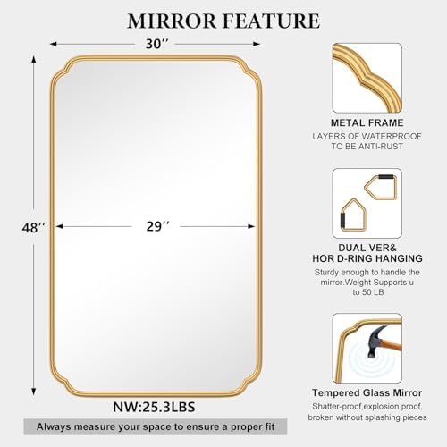 Ferytange 30"x48" Gold Bathroom Mirror for Wall, Large Brass Gold Bathroom Vanity Mirror for Over Sink, Rounded Rectangle Mirror in Premium Iron Metal Frame Hangs Horizontal Or Vertical - Image 5