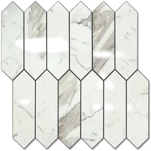 Vamos Tile Glossy Carrara White Backsplash Tile Peel and Stick, 12.8 x 12.8 Inch 10 Sheets Long Hexagon PVC Self Adhesive Mosaic Wall Tiles Stick on Backsplash for Kitchen and Bathroom by VamosTile