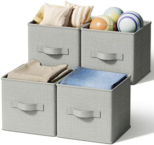 LayerSpace 4 Pack Foldable Fabric Closet Storage Bins, 11Inch Organizer Cubes with Handles, Linen Storage Boxes for Clothes, Toys, Books and Home Organization,Gray by LaySpace-YourRoomOrganizer