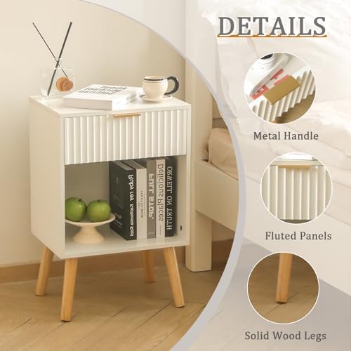 Fultyle White Fluted Nightstand, Modern Bedside Table with Drawer and Shelf - Image 4