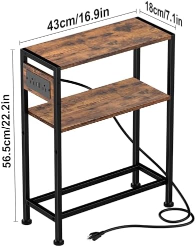 Small Narrow Side Table with Charging Station, Skinny End Table for Small Spaces, Slim Nightstand with Outlets, Sofa Bedside Table in Living Room, Bedroom, Study, Kitchen and Balcony (Rustic Brown) - Image 3