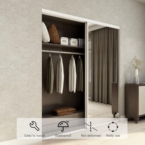 JUBEST Mirrored Closet Door 72 x 80, One Side Mirror Door with Top & Bottom Track Kits, Full Length White Steel Frame Sliding Mirror Closet Door, Easy to Install - Image 2