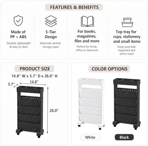 BYFU 5-Tier Movable Bookshelf Cart, 26.0" H, Black - Image 3