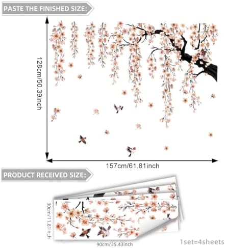 Cherry Blossom Tree Wall Decals with Birds, Large Removable Peel and Stick Flower Wall Stickers for Girls Room, Bedroom, Living Room Decor, 61.81 x 50.39 Inch, 4 Sheets (Apricot) - Image 3