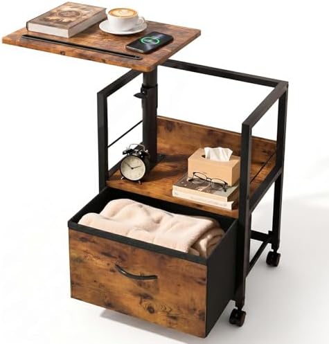 Faesun Swivel Lift Top Nightstand, Rolling Side Table for Recliner, Bedside Table with Wheels & a Fabric Drawer, for Small Spaces, for Bedroom, Living Room, Brown by Faesun