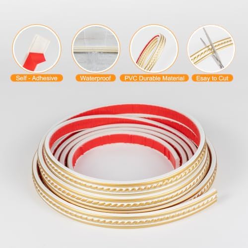 0.8" x 49.2FT Total White Gold Peel and Stick Crown Molding 3-Pack, Self-Adhesive PVC Trim for Walls, Mirrors & Furniture Decor - Image 3