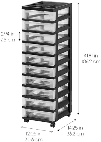 IRIS USA 2 Pack 10-Drawer Plastic Storage Rolling Organizer Cart with Caster Wheels for Laundry Room, Bathroom, or Closet Dresser Storage, Black/Clear - Image 3